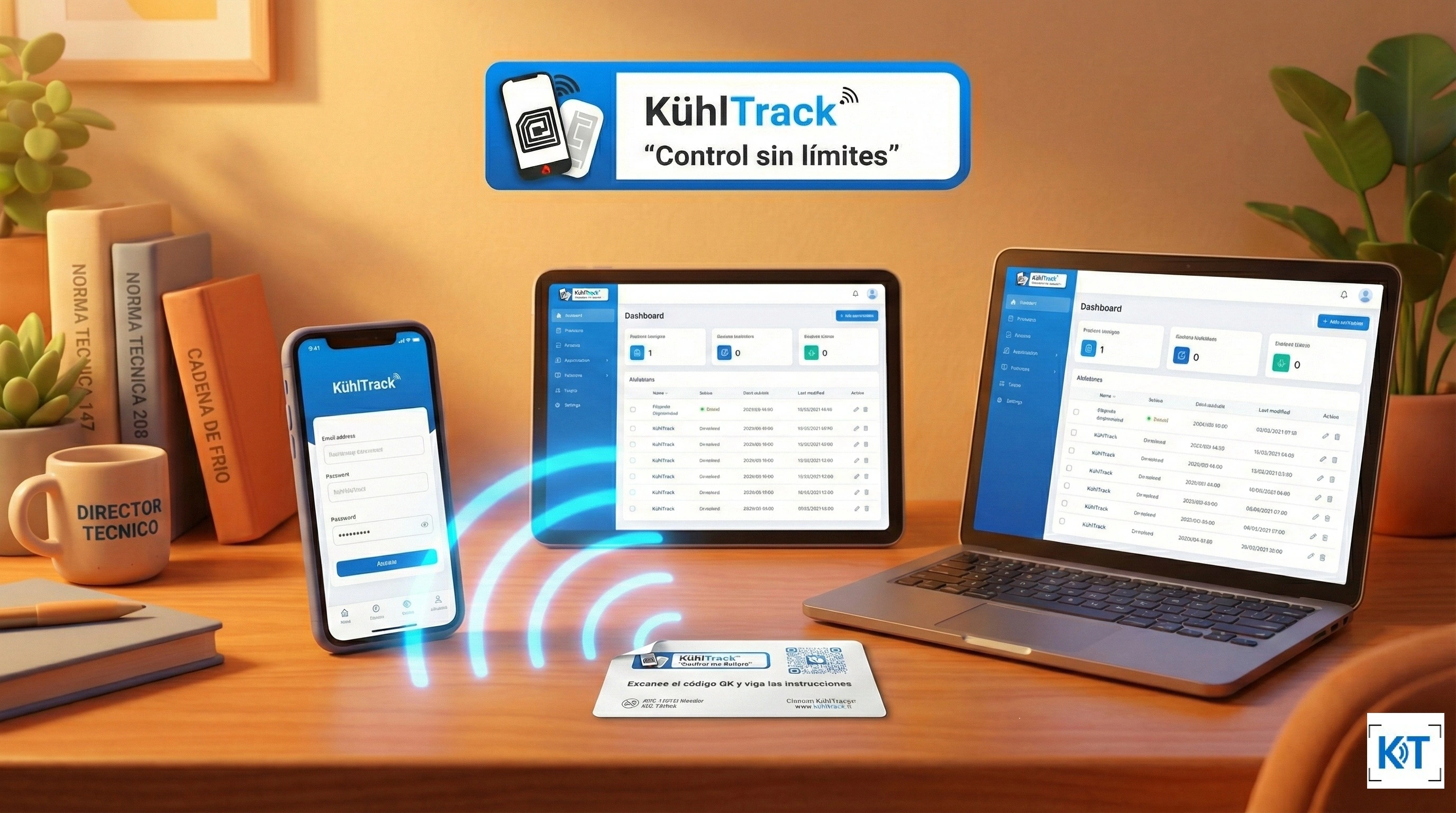 Dispositivos móviles y una laptop mostrando el sistema de control y monitoreo KühlTrack en un escritorio.