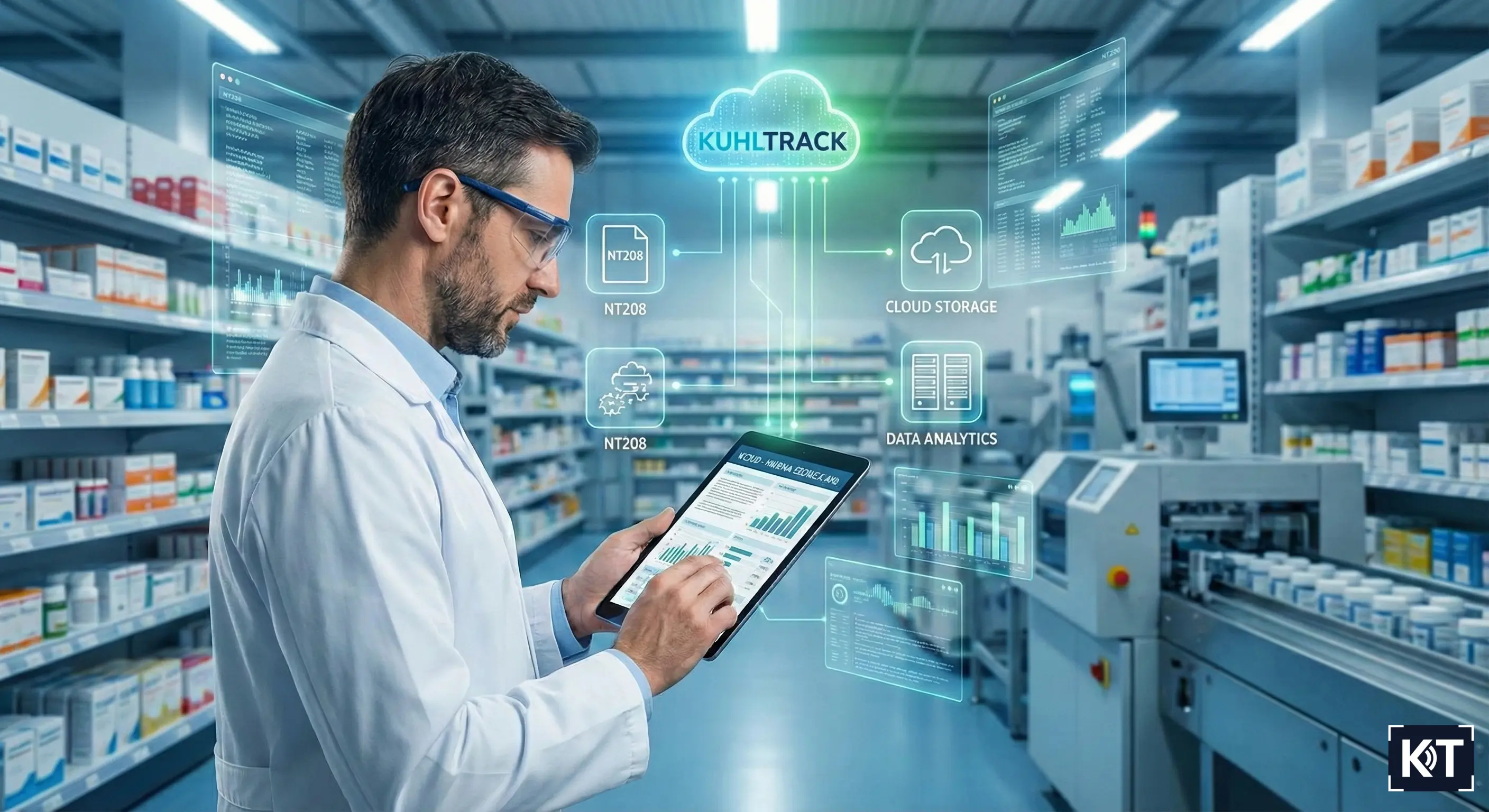 Profesional farmacéutico utilizando tablet en almacén de farmacia con sistema digital KUHLTRACK para control de inventario, analítica de datos y gestión en la nube.
